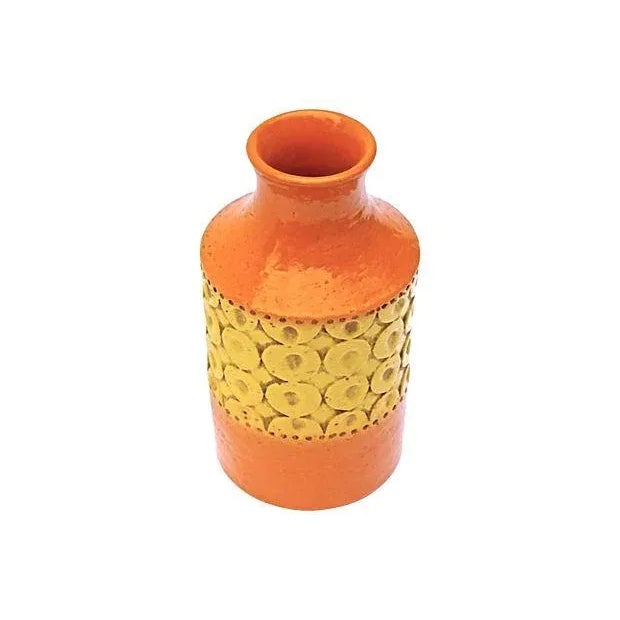 Vintage, Mid-Century Modern, Italian, Bitossi for Raymor, circles, ceramic vase with a yellow stylized circles frieze...