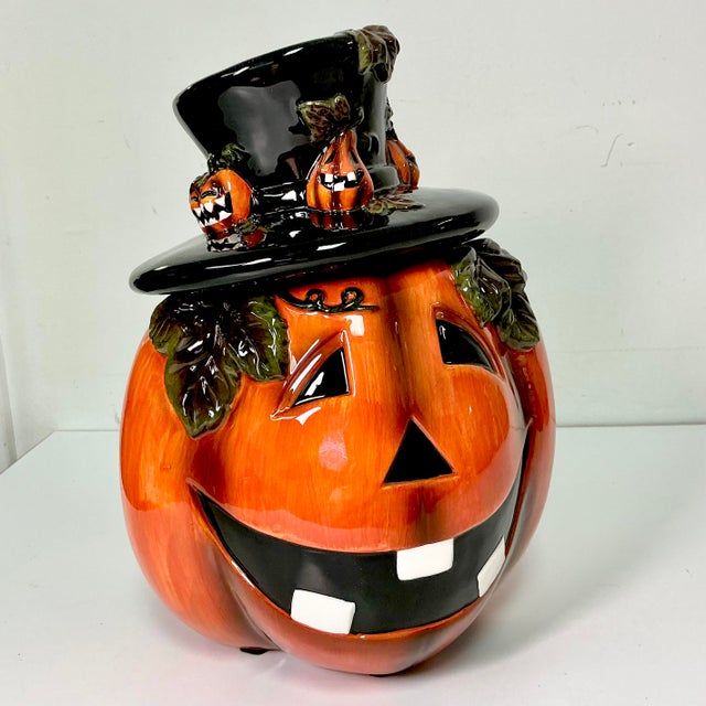 1990s Vintage Americana Boho Chic Halloween Jack-O-Lantern Ceramic Cookie Jar For Sale - Image 11 of 13