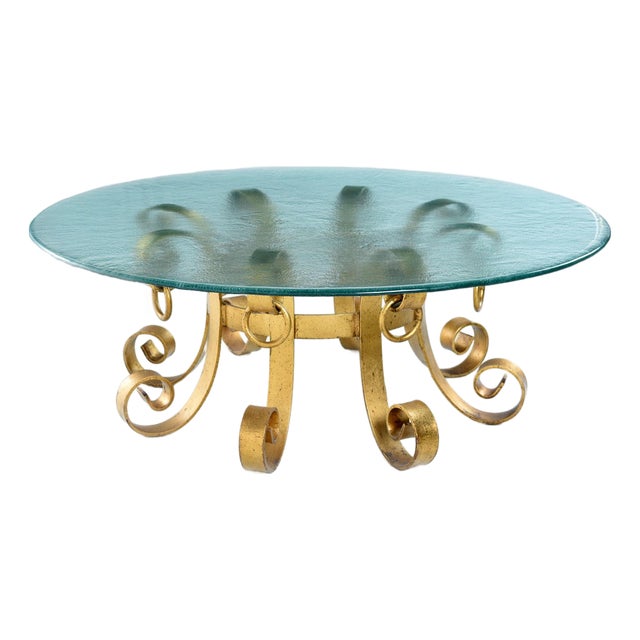 Gold Wrought Iron Scroll Round Coffee Table With Rippled Glass For Sale