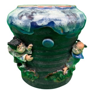 Antique Japanese Sumida Gawa Vase Signed Ban-Ni Blue Drip Glaze Figural 5.25” For Sale