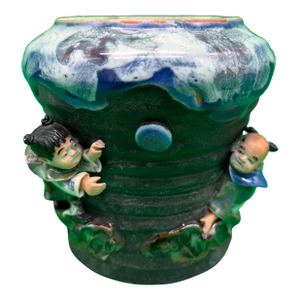 Antique Japanese Sumida Gawa Vase Signed Ban-Ni Blue Drip Glaze Figural 5.25”