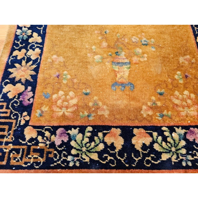 Vintage Chinese Art Deco Area Rug, Hand-Knotted Wool Pile, Tan, Dark Blue, 1920s For Sale - Image 10 of 12