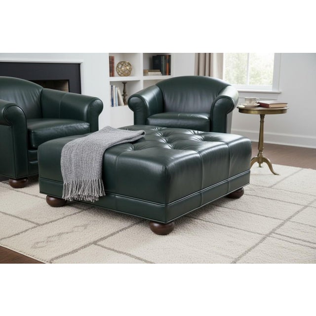 Dark Green Vintage Deep Green Tufted Leather Ottoman For Sale - Image 8 of 13