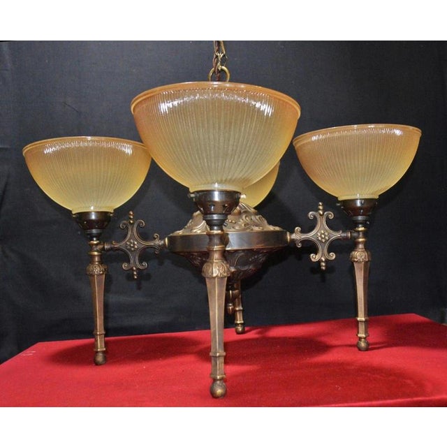 Mid-Century Modern Four-Light Bronze Chandelier with Holophane Prismatic Glass Shades, 1950s For Sale - Image 6 of 18