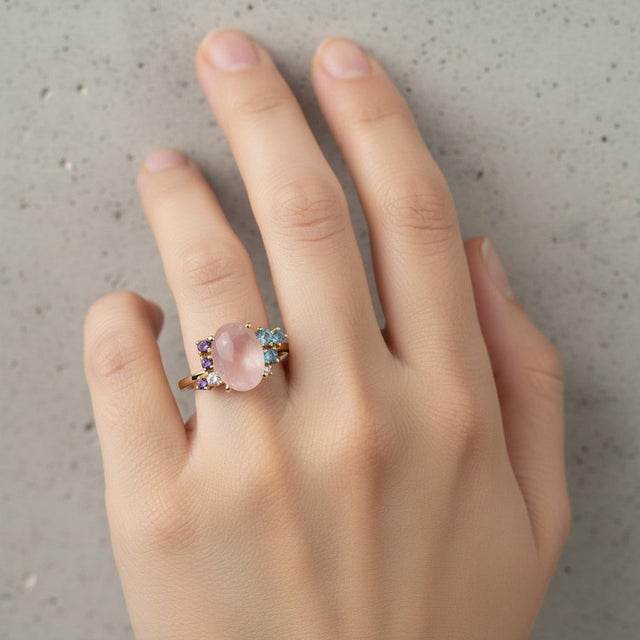 Rose Quartz Multicolor Ring in 14k Gold, Size 7.5 For Sale - Image 10 of 12