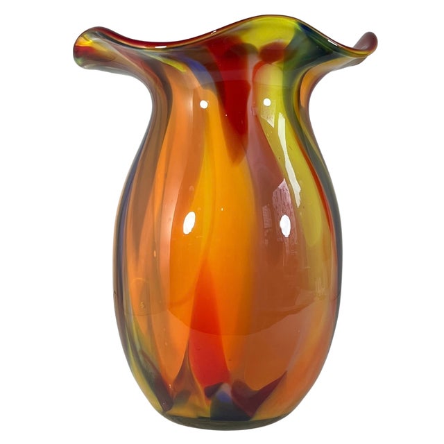 Bulbous Orange Marbled Flared Lip Art Glass Vase For Sale - Image 15 of 16