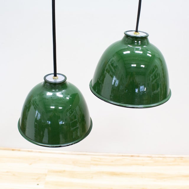 Metal Two Small Industrial Green and White Enamel Domed Factory Pendant Shades For Sale - Image 7 of 11