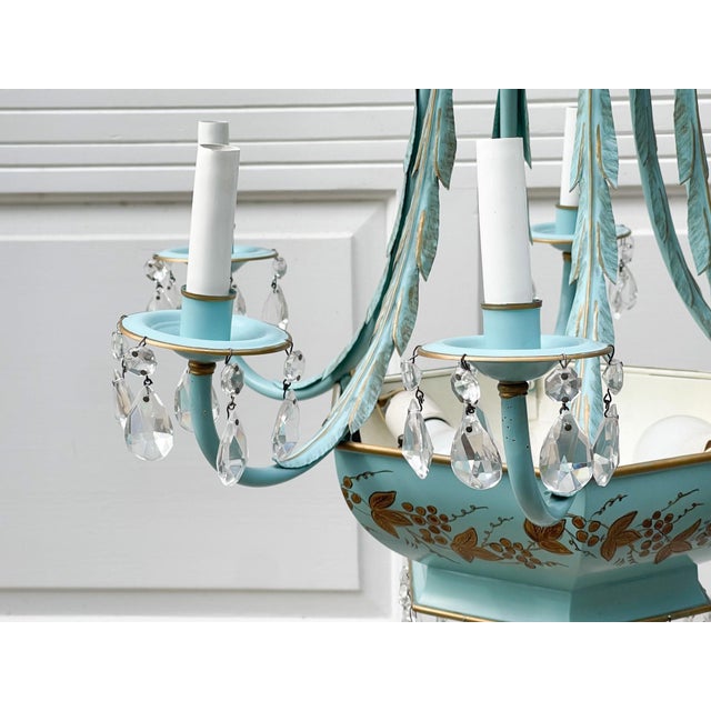 Vintage French Tiffany Blue and Gold Gilt Tole Metal Chandelier With Clear Crystals For Sale - Image 4 of 11