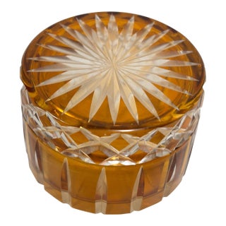 Vintage Bohemian Crystal Amber Covered Jar With Starburst Design For Sale