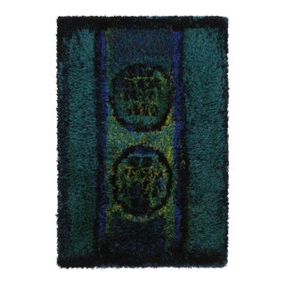 Vintage Swedish Rya Rug, Bold Scandinavian Motifs in Teal Blues - Rug & Kilim For Sale