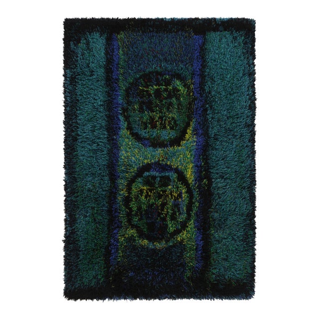 Vintage Swedish Rya Rug, Bold Scandinavian Motifs in Teal Blues - Rug & Kilim For Sale