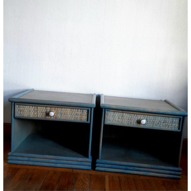 Boho Chic Vintage Rattan Bedside Tables in the the style of Maugrion, 1980s, Set of 2 For Sale - Image 3 of 11