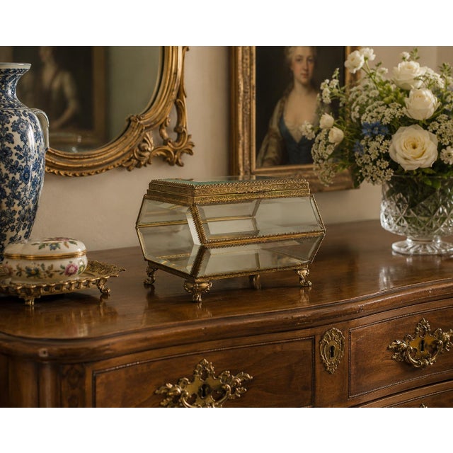 Large Antique French Ormolu Beveled Glass Jewelry Casket Dresser Box For Sale - Image 12 of 13