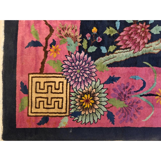 Navy Blue 1920s Blue Navy Open Field Floral Antique Chinese Art Deco Carpet 9' X 11'8" Knotted Wool Rug For Sale - Image 8 of 10
