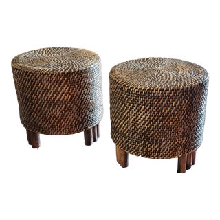 1970s Palecek Style Wicker and Rattan Stools, Ottomans, Side Tables. A Pair. For Sale