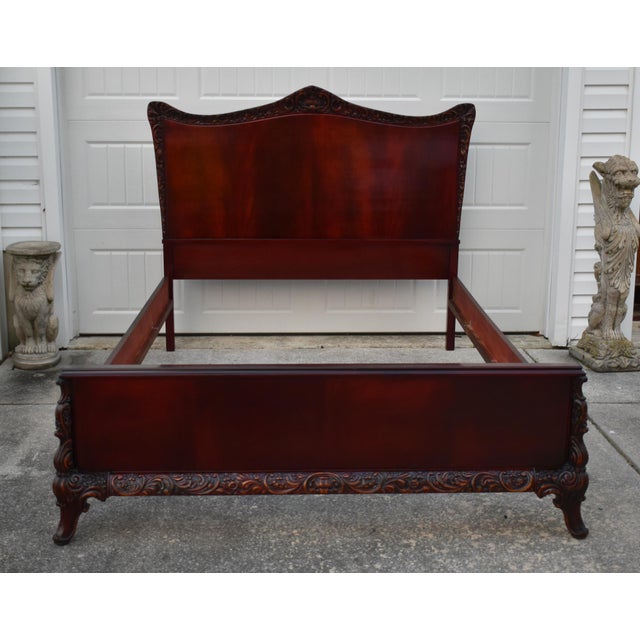 Vintage Carved Mahogany French Style Full Size Bed W/Flame Grain Panels