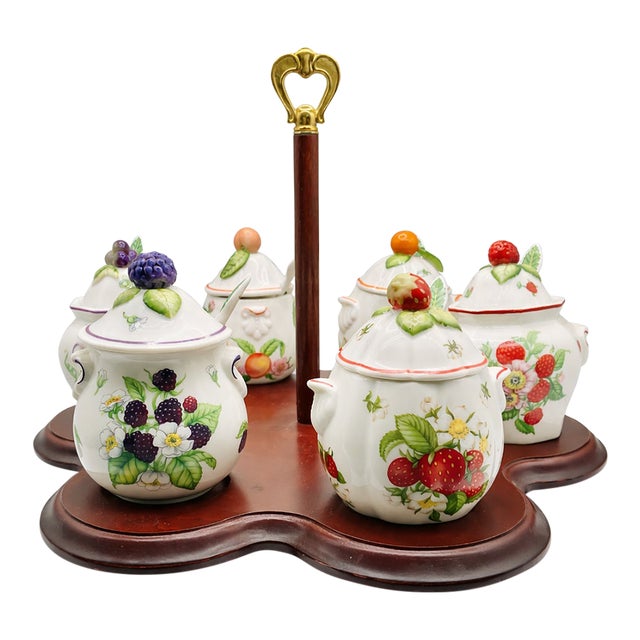 1980s Lenox “Orchard” Porcelain Jam & Jelly Jar Set — 6 Jars With Lids, Spoons & Wooden Two-Tier Caddy For Sale