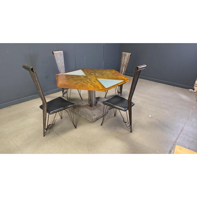 Hand Crafted Steel and Stone Dining Set with Glass, 1970s, Set of 5 For Sale - Image 17 of 18