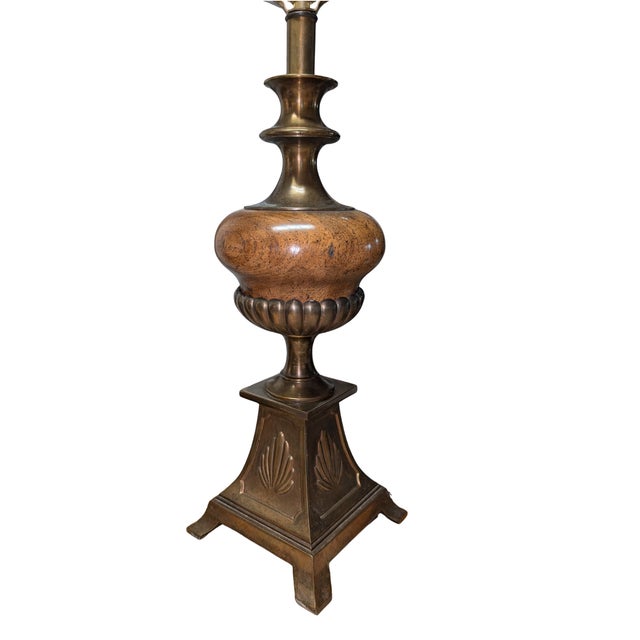 Neoclassical/Regency/Empire-Style Brass & Wood Urn Table Lamp This vintage table lamp features a bulbous wood urn-shaped...
