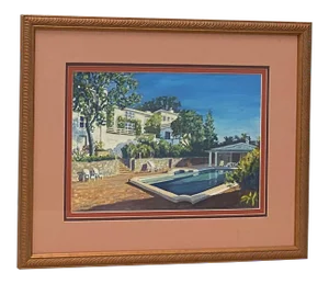 Vintage "Backyard Pool" Original Gouache Painting by Dosne