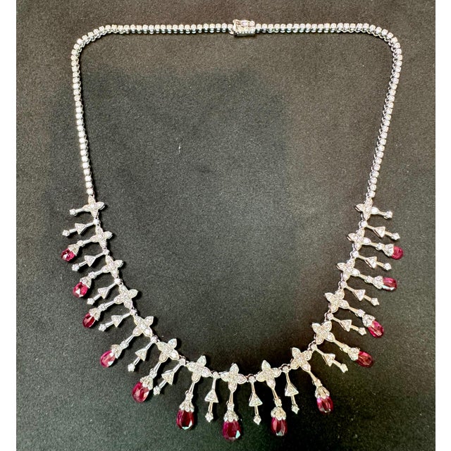 18 Ct Natural Ruby Briolette & 8 Ct Diamond Necklace 18 Karat White Gold, Estate For Sale - Image 12 of 18