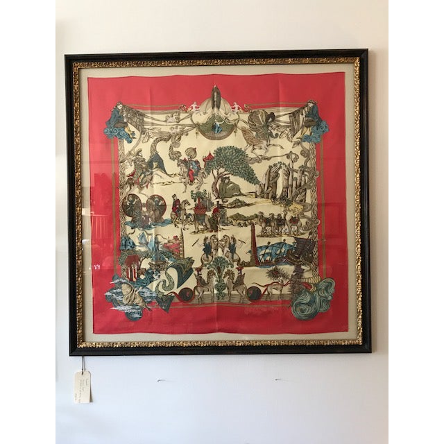 Stunning Hermes Silk Scarf Art Framed, purchased in St. Barts. Beautiful red background, with delightful pictures of...
