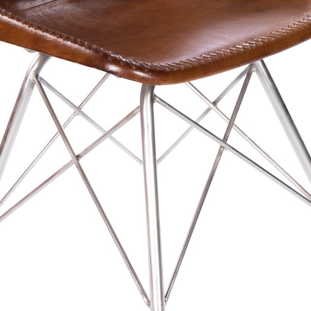 Metal Inland Light Leather Side Chair, Medium Brown For Sale - Image 7 of 8