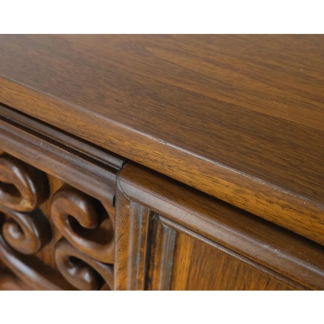 Mid 20th Century Pair of Walnut Carved Modern Ornament Front Door End Table Night Stands For Sale - Image 5 of 12