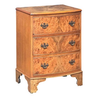 English Bow Front Small Chest of Burr Walnut With Three Drawers For Sale