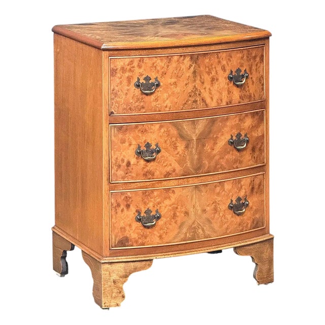 English Bow Front Small Chest of Burr Walnut With Three Drawers For Sale