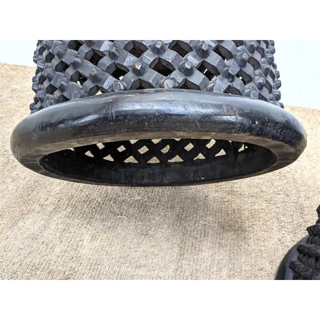 Tribal Pair of Mid 20th Century Pierced Carved Wood Stools For Sale - Image 3 of 10