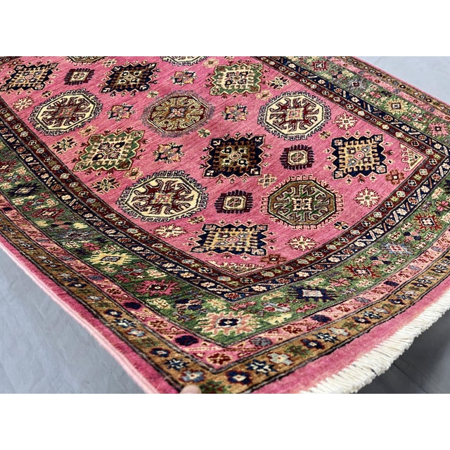 Pink Kazak Tribal Rug With Green Border, 4'11" X 6'8" For Sale - Image 9 of 13
