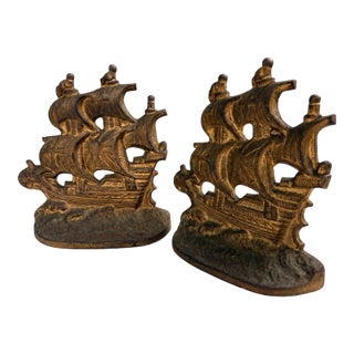 Vintage Cast Iron Spanish Galleon Bookends, Pair, Pat. 1928 Nautical Maritime Library Decor For Sale