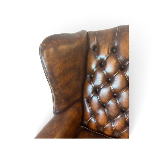 Set of Vintage English Chesterfield Leather Wingback Chair with Ottoman, 1990s For Sale - Image 4 of 9