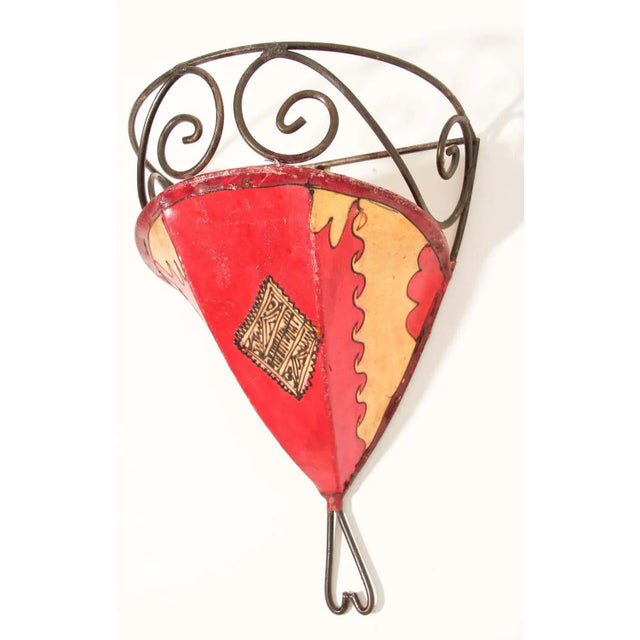 Vintage Moroccan Berber Painted-Hide Wall Sconce Shade, Iron Frame For Sale - Image 4 of 11