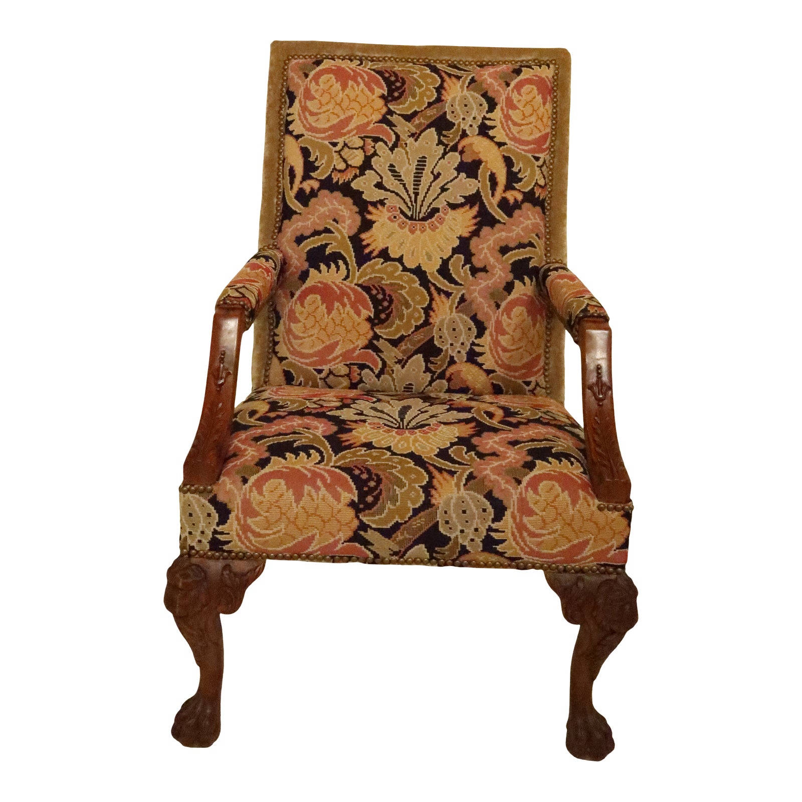 George III Style Carved Walnut Tapestry Library Chair | Chairish