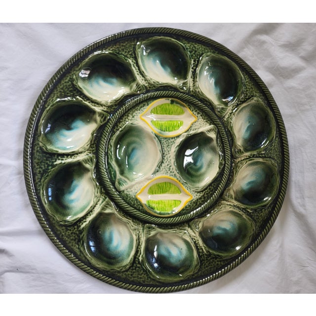 Mid-Century Modern Mid-Century French Majolica Oyster Service from Saint-Clement, 1950s, Set of 7 For Sale - Image 3 of 9