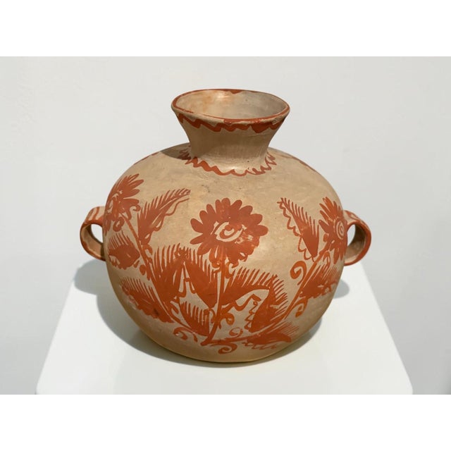 Ceramic Vintage Mexican Folk Art Pottery Vase With Hand-Painted Terracotta Florals For Sale - Image 7 of 10