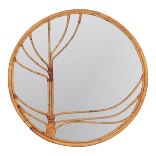 Vintage Rattan Round Mirror - Large Boho Style For Sale
