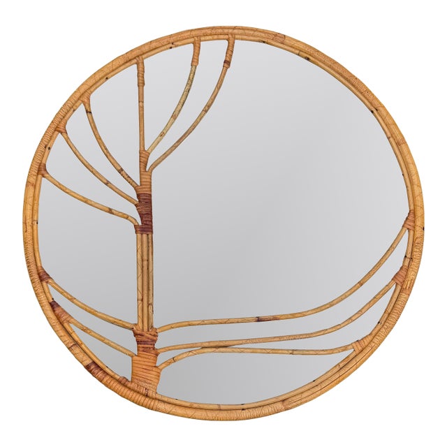 Vintage Rattan Round Mirror - Large Boho Style For Sale