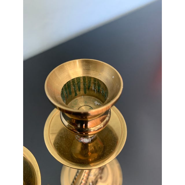 Metal Mid 20th Century Asian Brass Finish Metal Koi Taper Candle Holders, A Pair For Sale - Image 7 of 8