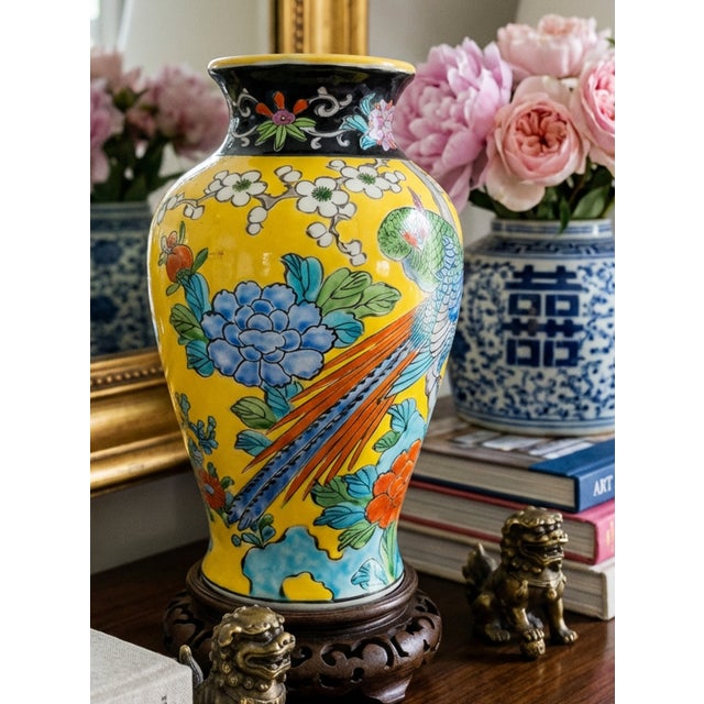 Yellow Vintage Yellow Ground Chinoiserie Porcelain Vase & Plate With Phoenix and Peony Motif – 10.75” For Sale - Image 8 of 12