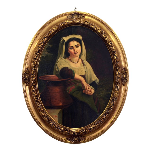 Tommaso Rivoli, Italian Woman at the Fountain, 1990s, Oil Painting on Canvas, Framed For Sale