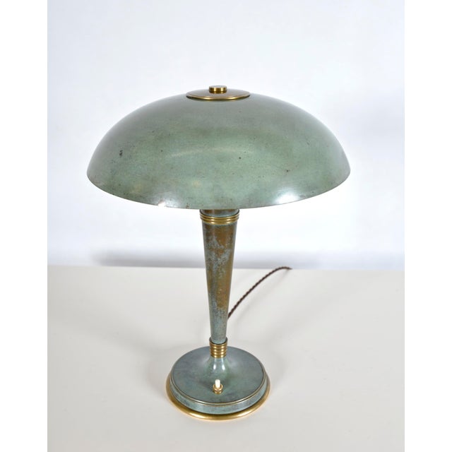 French Art Deco Verdigris Green Brass Mushroom Desk Light, 1930s For Sale - Image 4 of 18