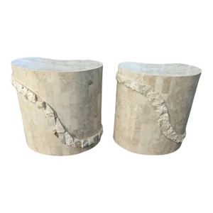 Late 20th Century Pair Vintage Tessellated Stone End Side Table Set of 2 Kidney Shape