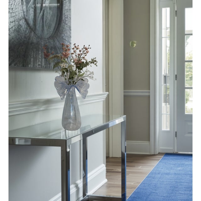 21 In. Tall Art Glass Clear Fluted Confetti Blue Speckled Flower Shaped Vase For Sale - Image 13 of 17
