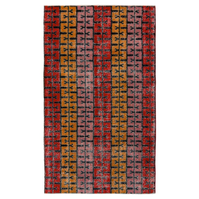 1960s Vintage Distressed Mid-Century Modern Rug, Pink, Red, Gold Deco Pattern For Sale In New York - Image 6 of 6
