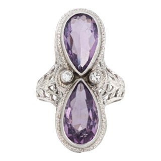 Vintage Art Deco Amethyst Diamond Ring Filigree 14k White Gold Elongated Pear 4 size 4 For Sale