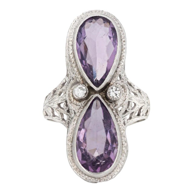 Vintage Art Deco Amethyst Diamond Ring Filigree 14k White Gold Elongated Pear 4 size 4 For Sale