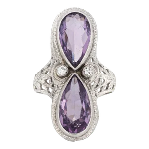 Vintage Art Deco Amethyst Diamond Ring Filigree 14k White Gold Elongated Pear 4 size 4